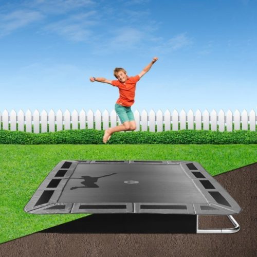 Grey rectangular 14ft by 10ft in-ground trampoline